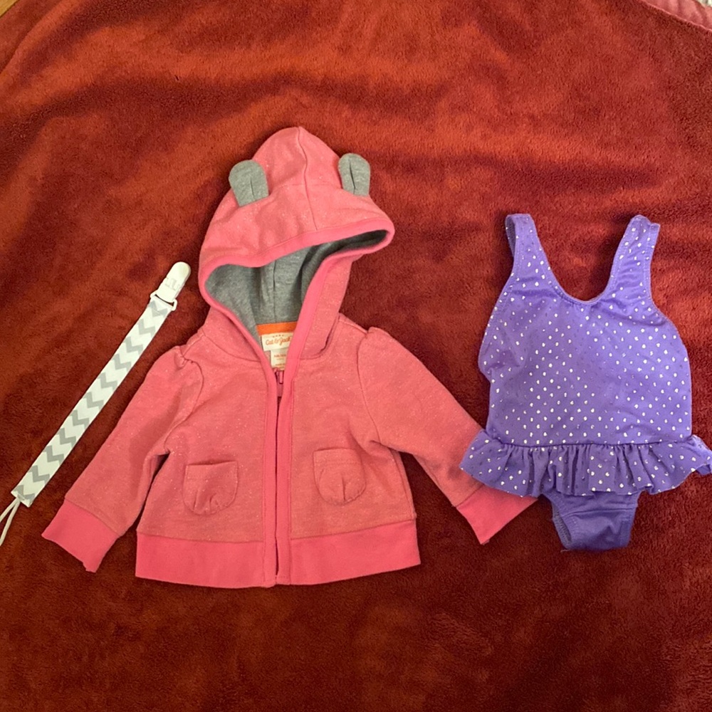 Cat & Jack sweatshirt and swimsuit